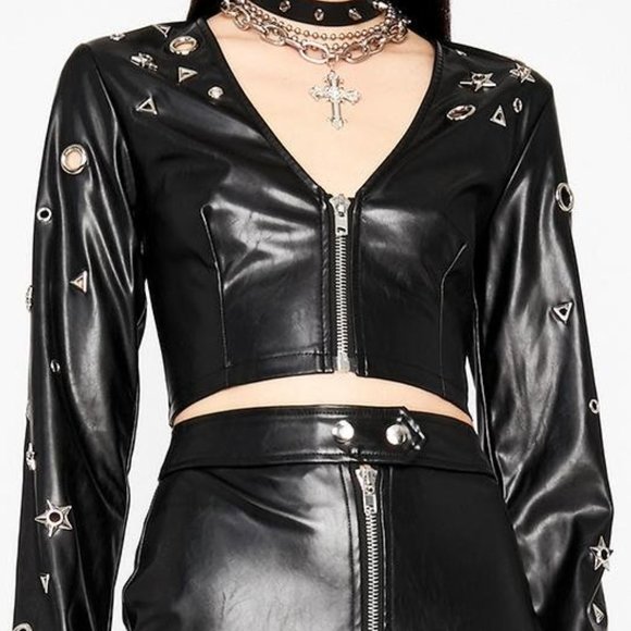🎃Dolls Kill Star Matrix Vegan Leather Top Black L - Picture 1 of 9
